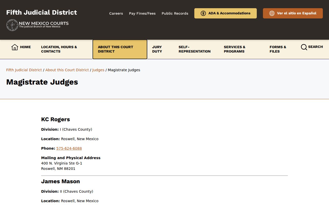 Chaves County court calendar Roswell Magistrate judges page