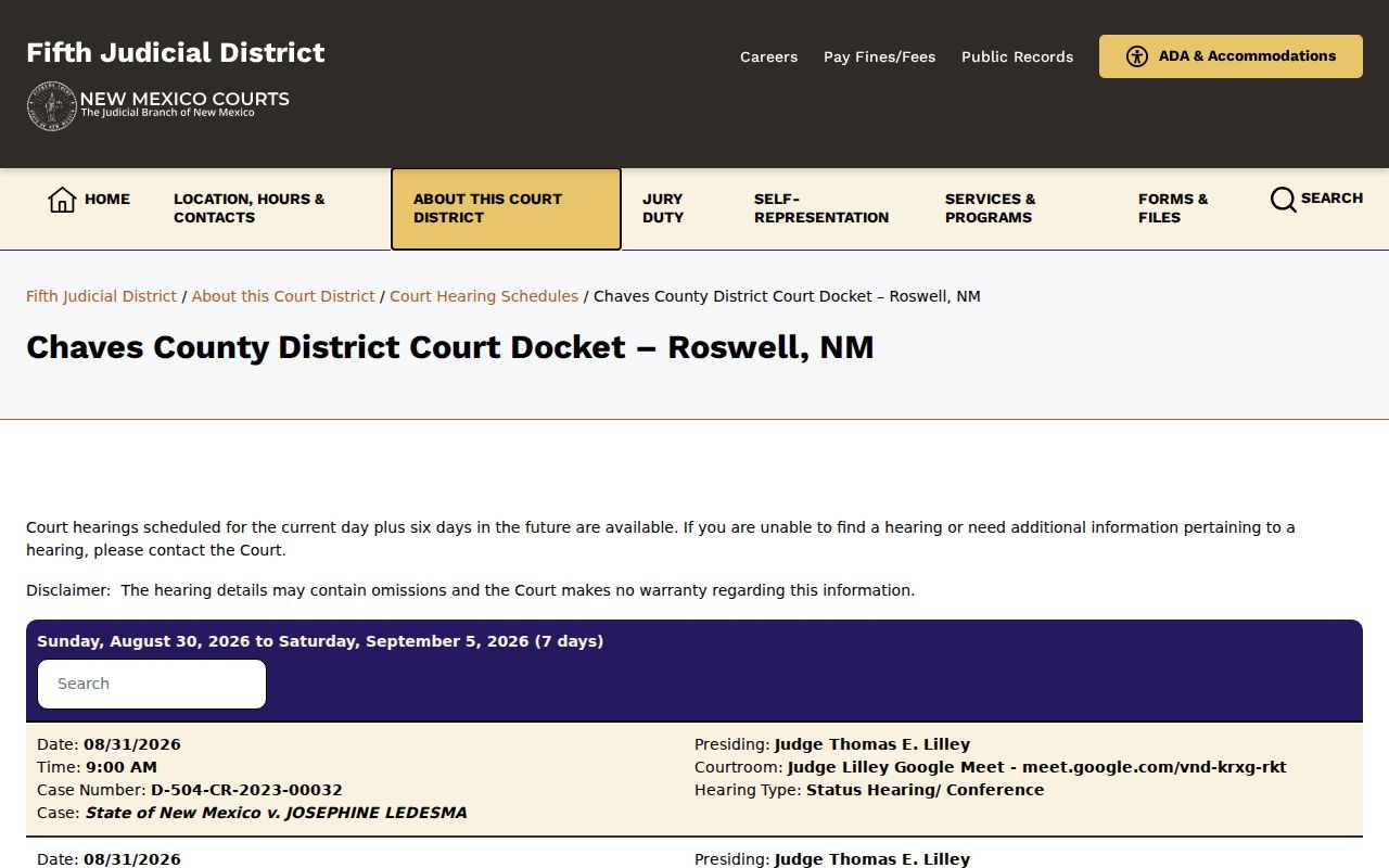 Chaves County court calendar District Court current-week calendar page