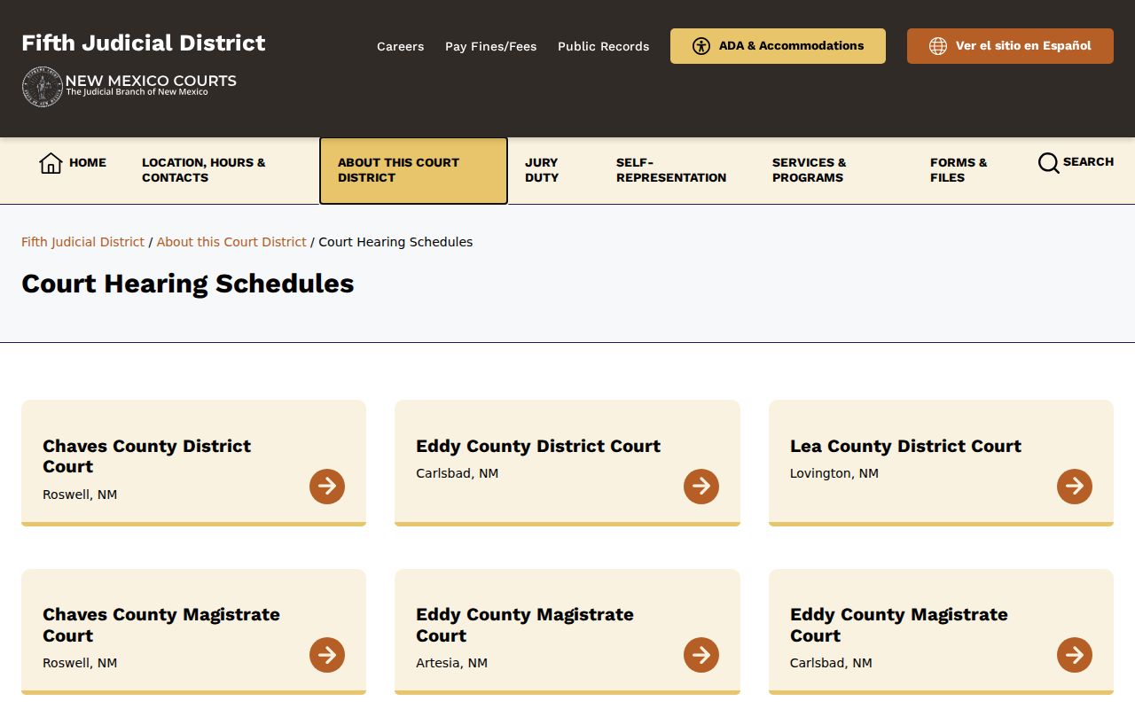 Chaves County court calendar Fifth Judicial District docket index
