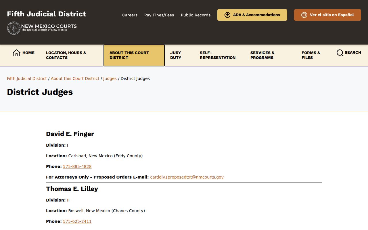 Chaves County criminal docket Fifth Judicial District judges and divisions page