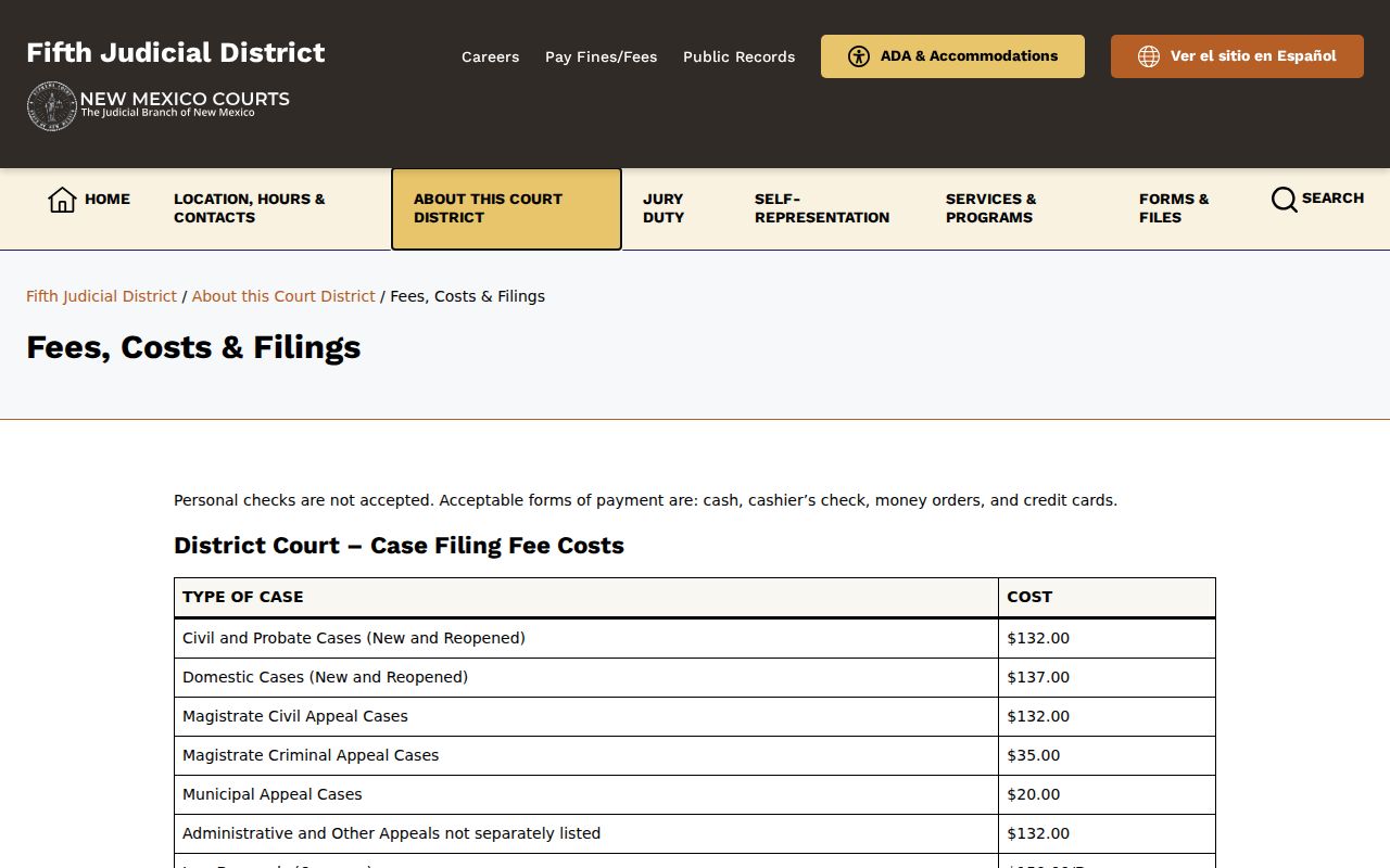 Chaves County traffic court records Fifth Judicial District fees and copy costs